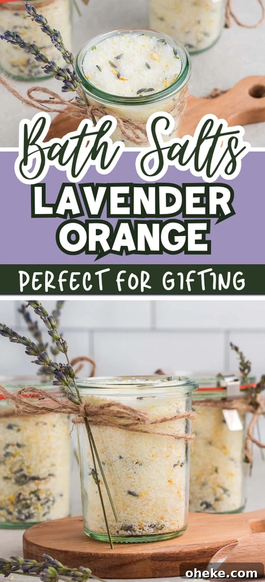 Jar of homemade DIY Lavender Orange Bath Salts, decorated with twine and a lavender sprig, ideal for gifting.