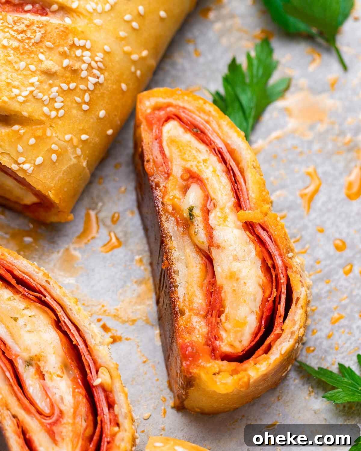 Closeup shot of 1 slice of stromboli.