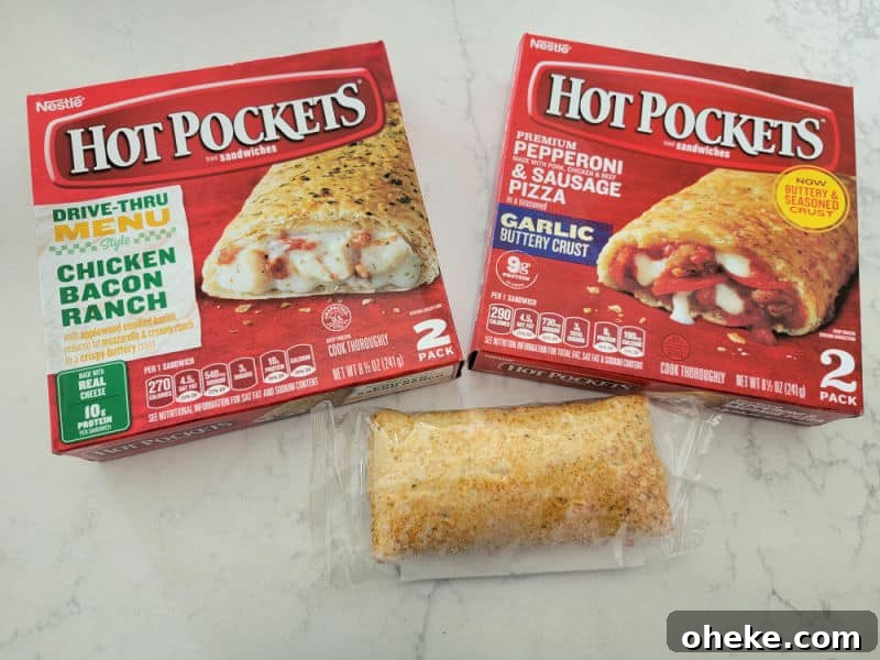 Hot pockets boxes next to a packages hot pocket