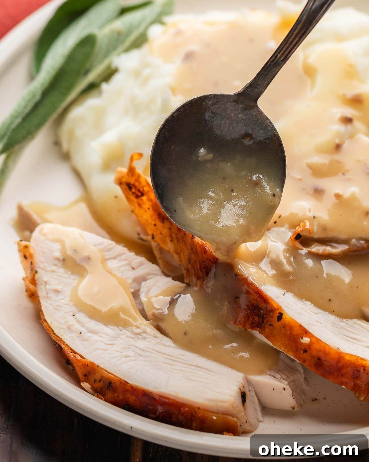 Giblet gravy ladled over turkey and mashed potatoes in white plate.