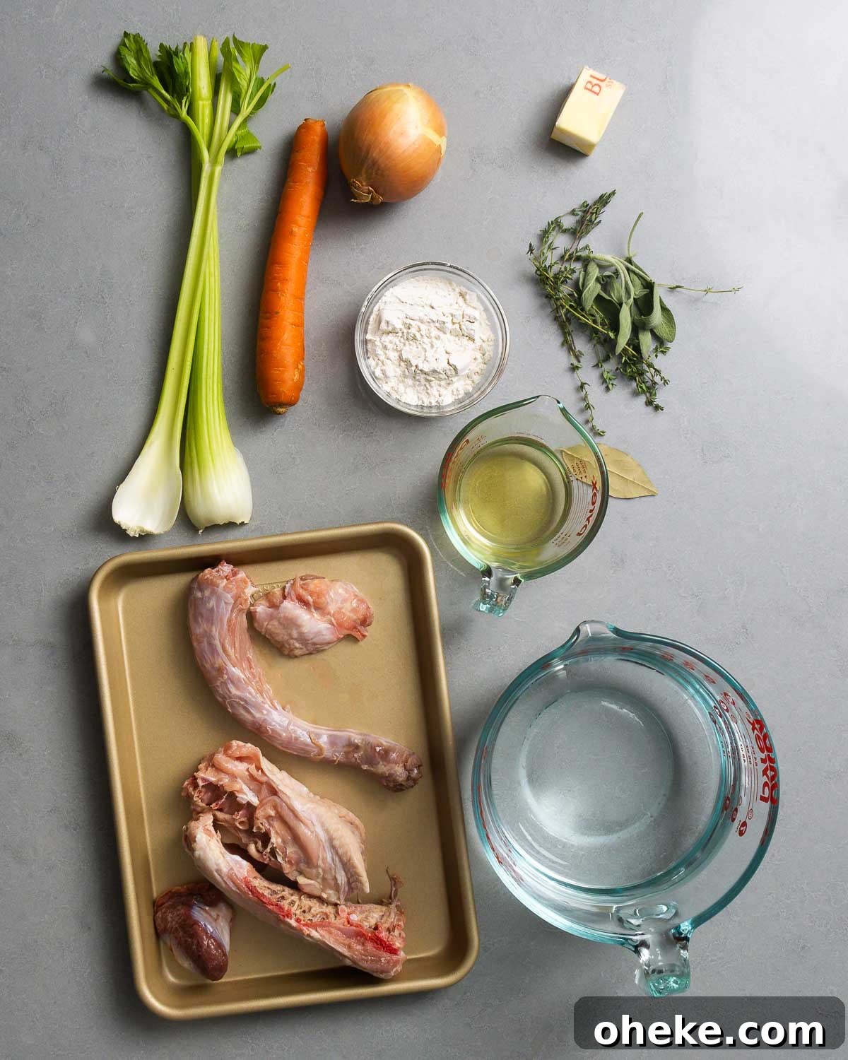 Ingredients shown: celery, carrot, onion, flour, butter, thyme, sage, bay leaf, white wine, turkey parts and giblets, and water.