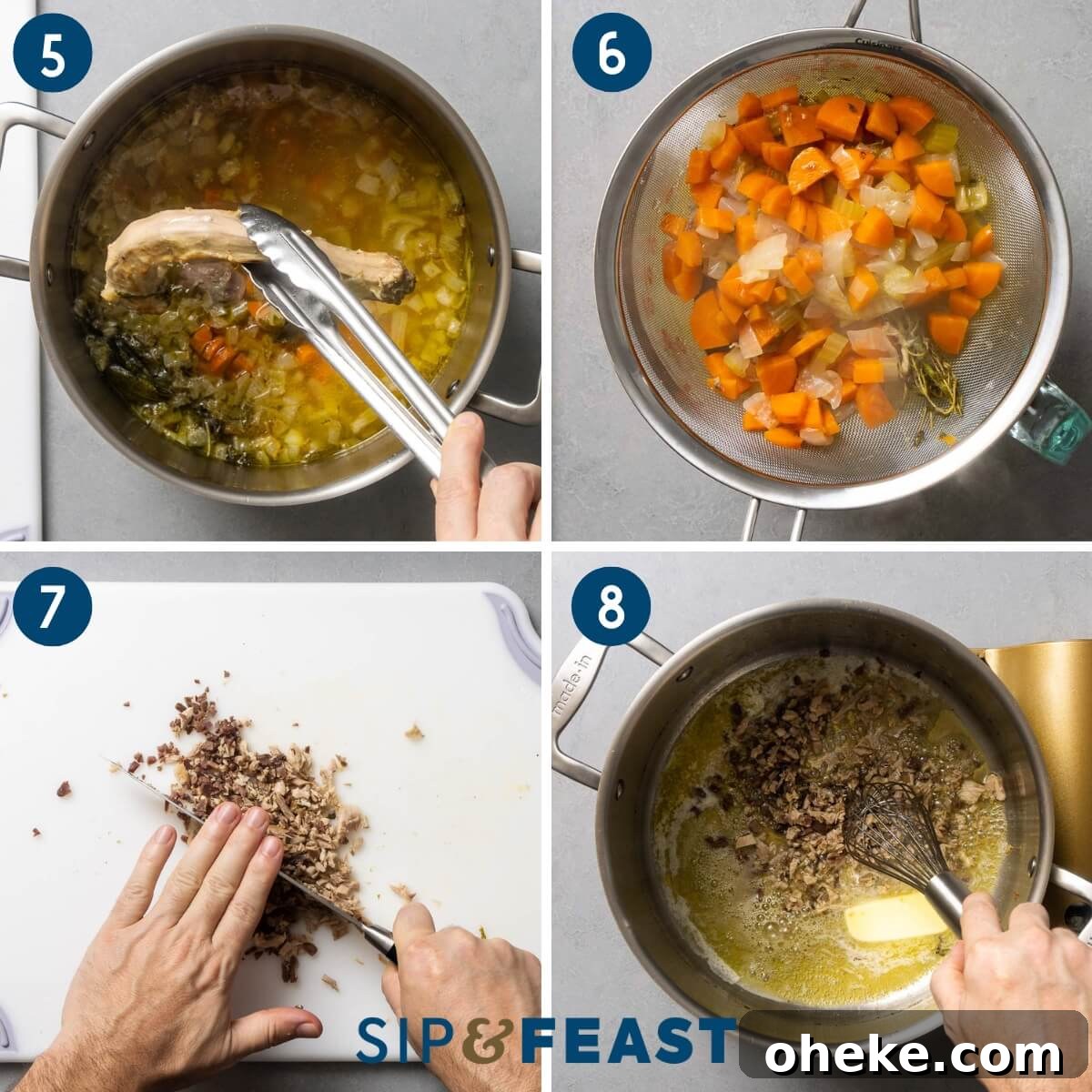 Recipe collage number two showing removing of turkey parts, straining the broth, mincing giblets, and sauteing the giblets in butter.