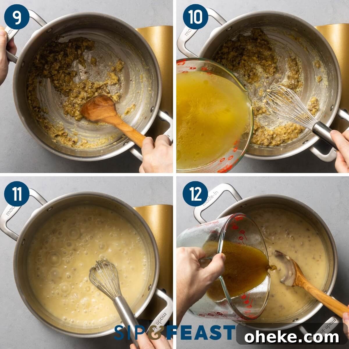 Recipe collage number three showing browning of flour in pot, whiskin in turkey stock, bringing gravy to boil, and pouring in roast turkey pan drippings.