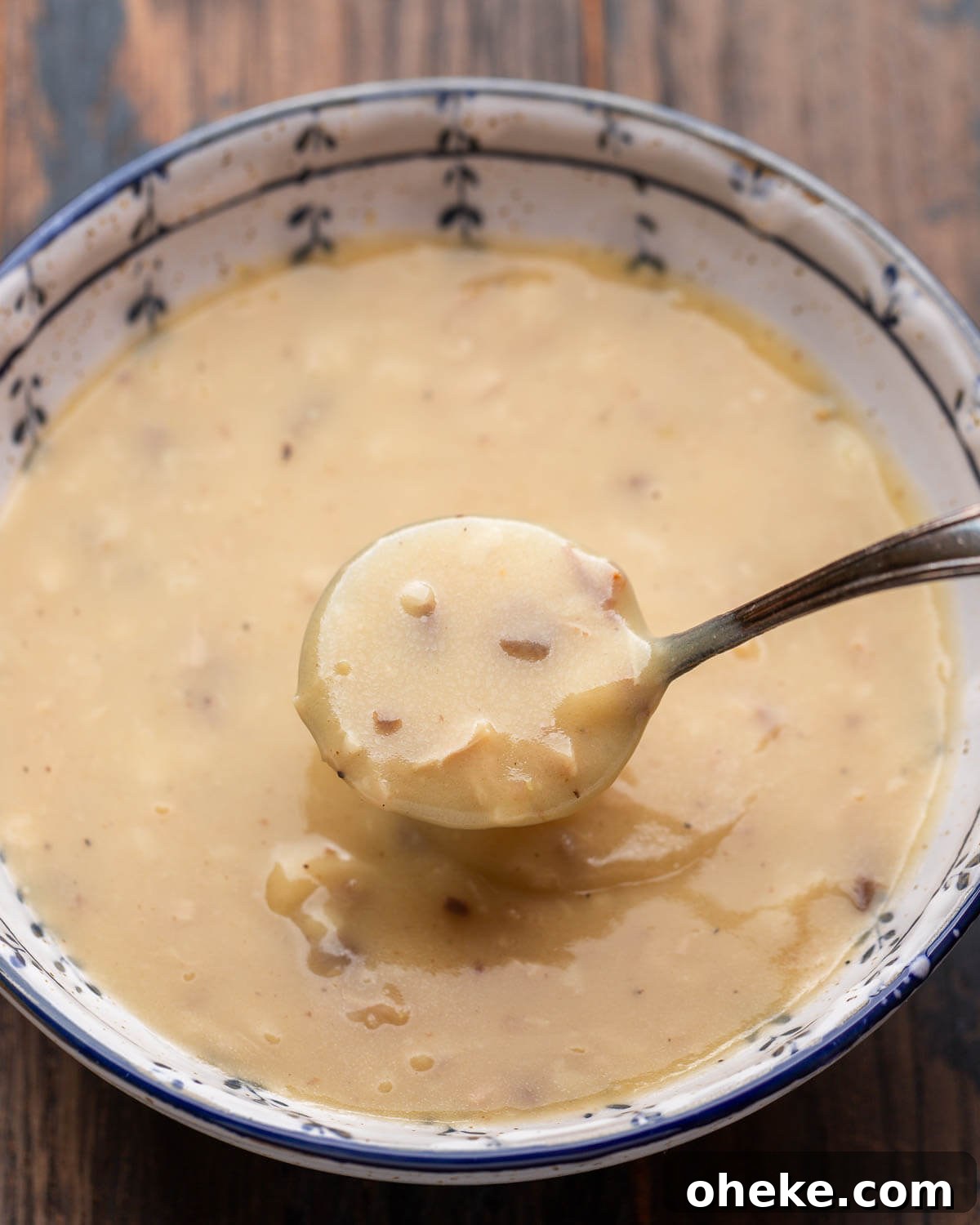 Ladle scooping gravy over white bowl.