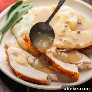 Featured image of giblet gravy poured over turkey and mashed potatoes in tan plate.