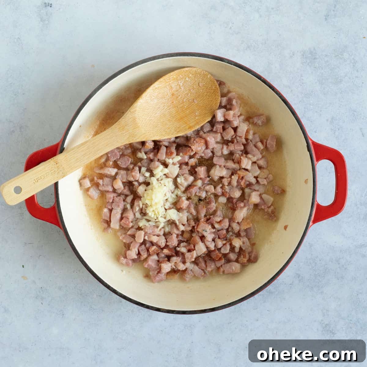 bacon and garlic in pan.