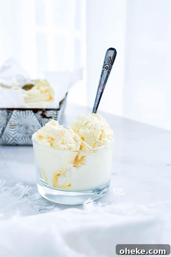2 scoops of homemade vanilla ice cream in a glass bowl with a spoon sticking out