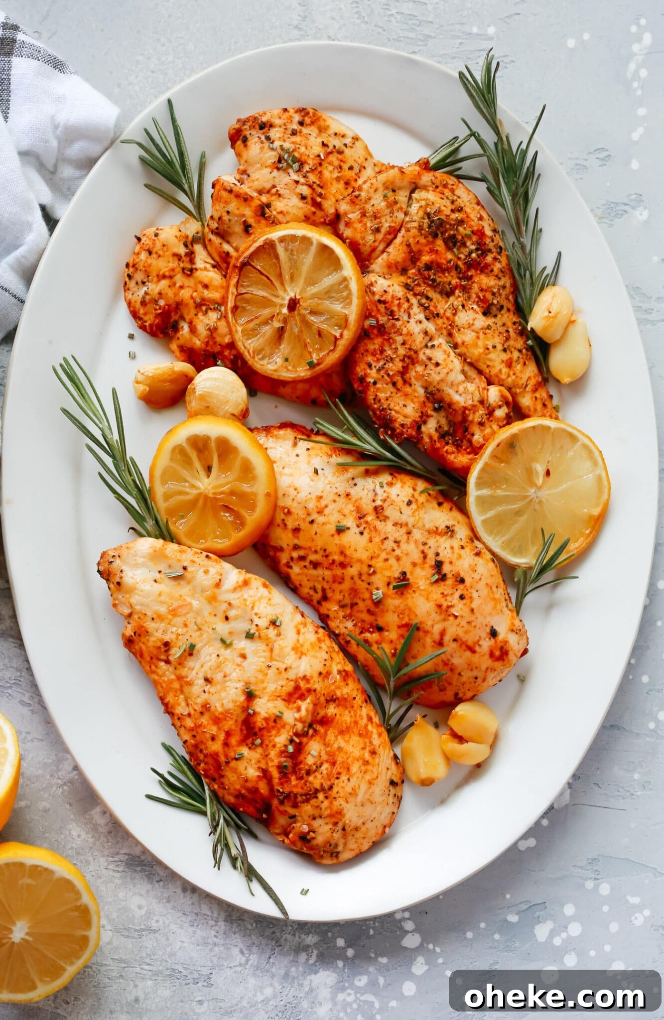 Rosemary lemon chicken on a white serving platter. 