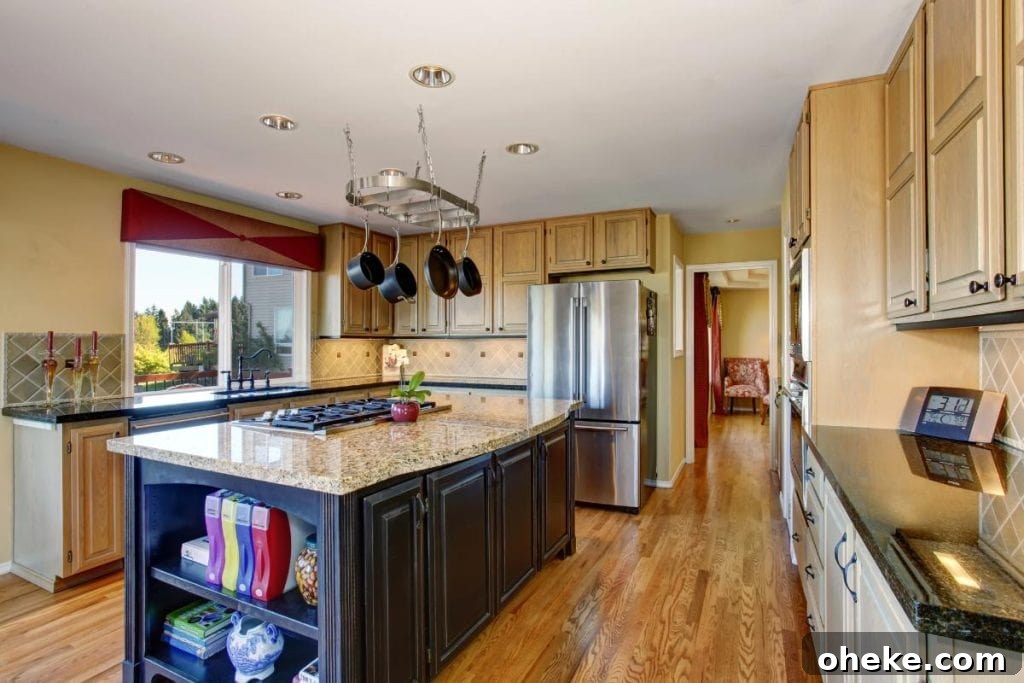 a kitchen with hardwood floors