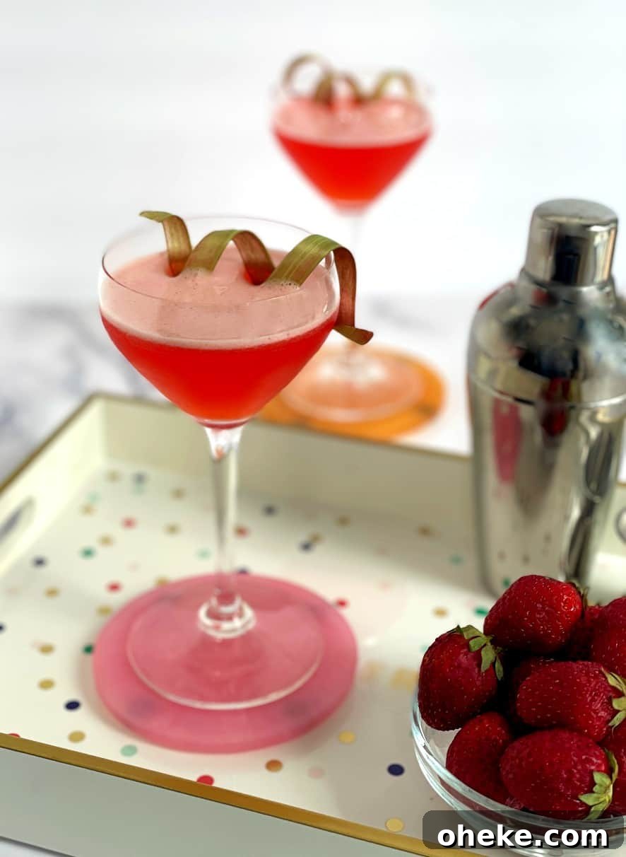 strawberry rhubarb cocktail on a tray.