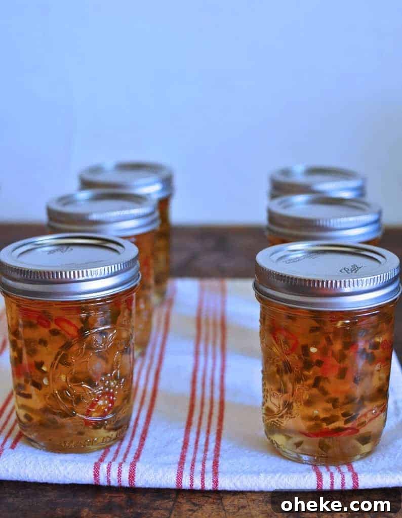 6 jars of Jalapeno jelly sitting on a white and red kitchen towel that is sitting on a wood table.
