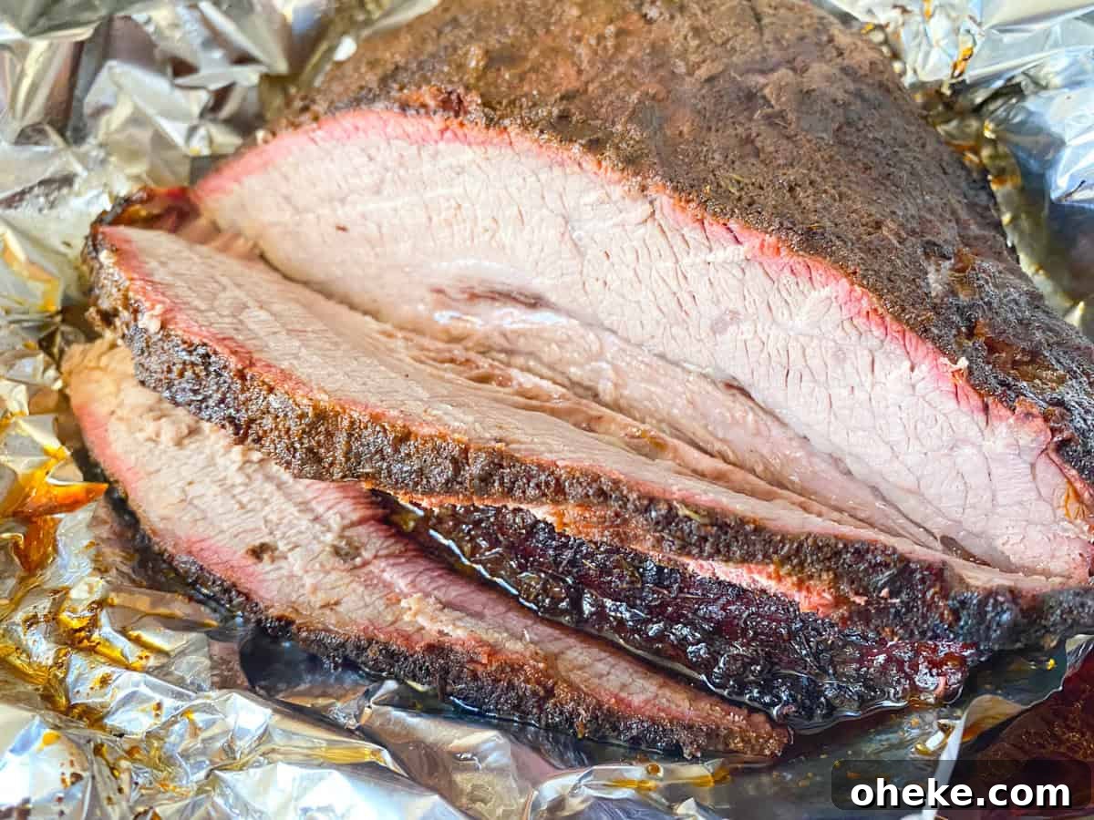 A close of sliced smoked brisket