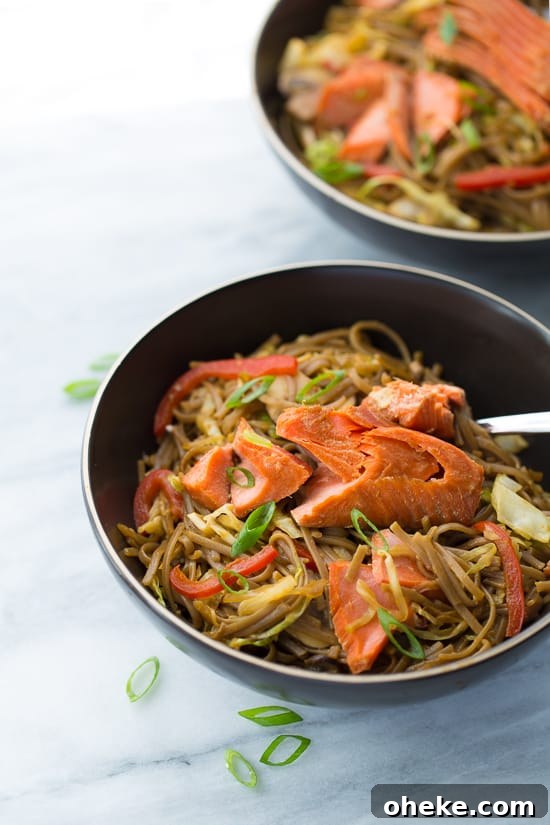 Honey Lime Salmon with Soba Noodle Stir-Fry! A healthy, light and flavorful meal that will leave you feeling great. Gluten/Dairy-Free!