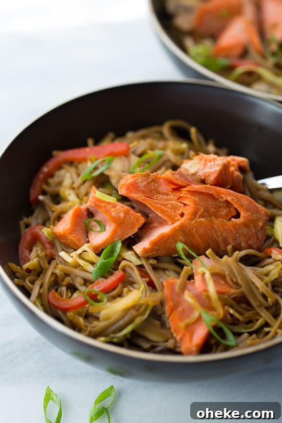 Honey Lime Salmon with Soba Noodle Stir-Fry plated close-up