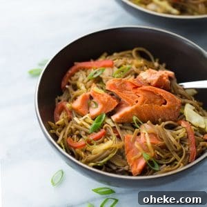 Honey Lime Salmon plated with soba noodles