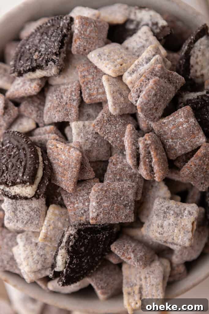 close up of the cookies and cream muddy buddies recipe