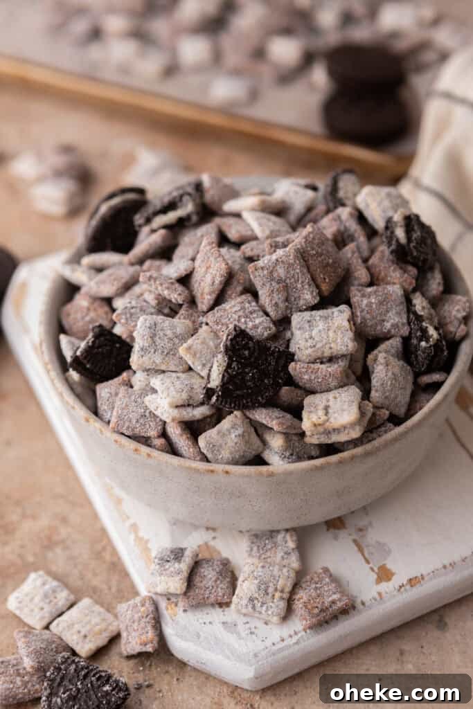 overhead shot of the cookies and cream muddy buddies recipe in a bowl