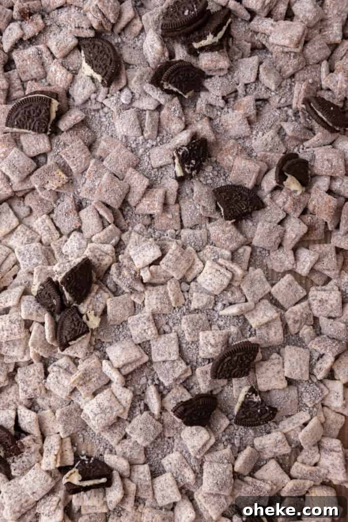 close up of the cookies and cream muddy buddies recipe