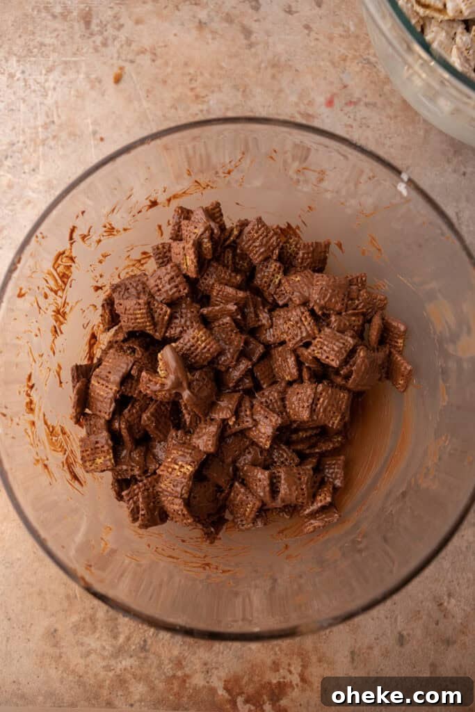 milk chocolate chips getting mixed with chex cereal