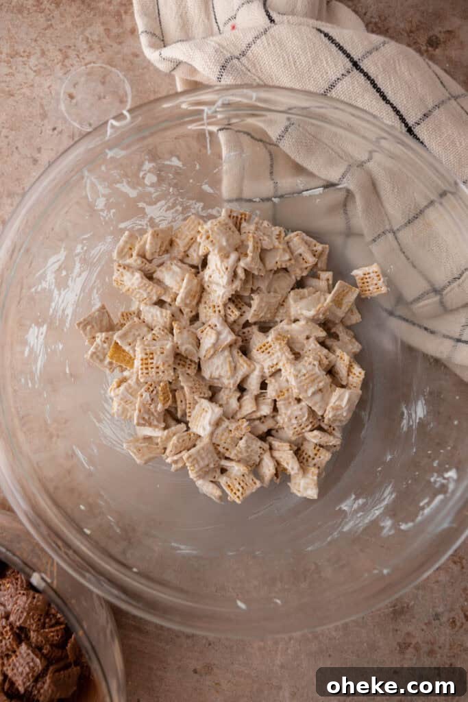 white chocolate chips getting mixed with chex cereal